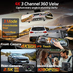 L09 12" 4K Mirror Dash Cam and Backup Camera with Front and Rear Dual Cameras, Built-in GPS, Wi-Fi, Loop Recording, G-Sensor, WDR, and HDR Night Vision, Includes 128GB Memory Card