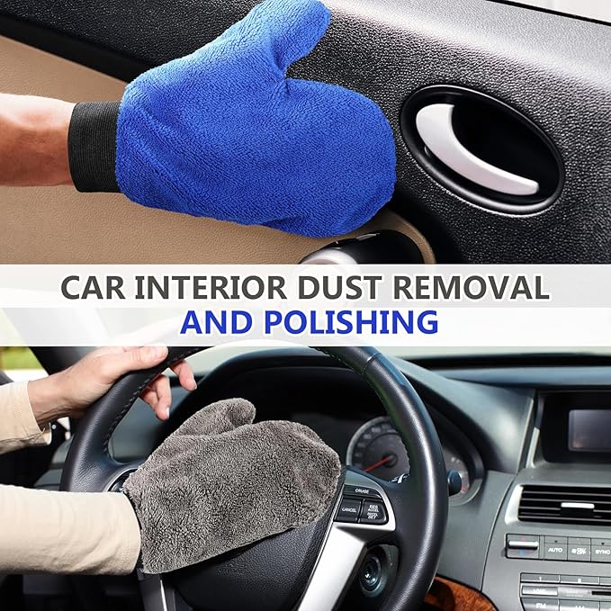 Teenyyou 6 Pcs Microfiber Dusting Mitt Car Wash Mitts Cleaning Glove with Thumb Reusable Terry Dusting Gloves with Elastic Wrist Cuff for Car Wheel Plants House Kitchen(Blue, Grey,9.84 x 7.87 Inch)