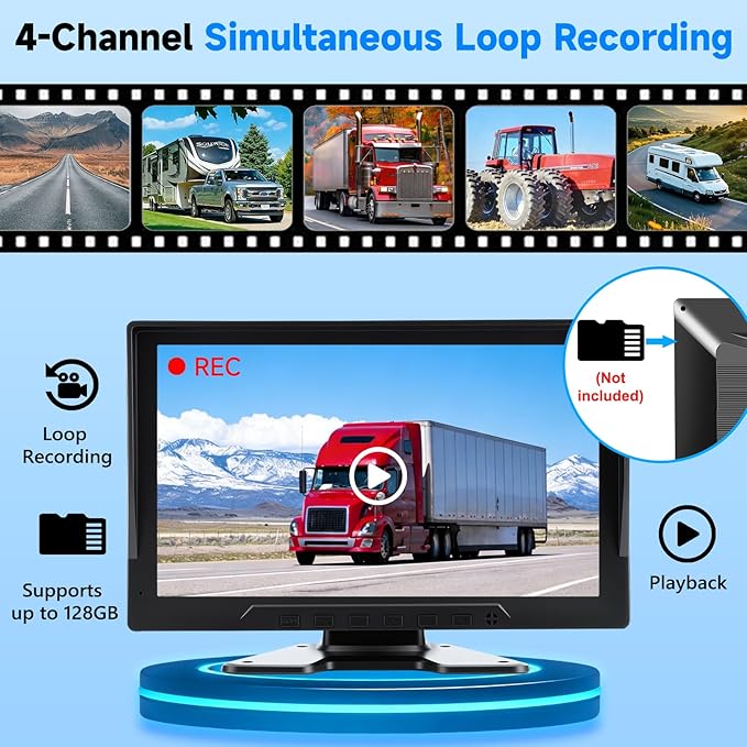 4-Wired Backup Camera System, 10" HD 1080P DVR Quad Split IPS Monitor with 4 Side & Rear View Cameras, Vibration-Proof IP69K Waterproof Night Vision for Truck/RV/Tractor/Bus/Trailer/Heavy Equipment