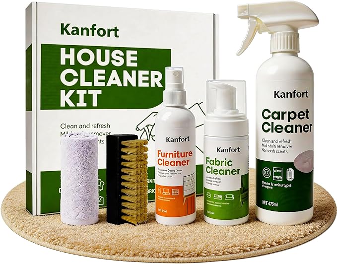 Carpet & Upholstery Cleaner 5-Piece Set, Fast Action Stain Remover for Furniture, Fabric, Sofa, Car Seats & Clothes - Includes Brush and Towel - Safe for Kids and Pets, Includes Brush & Towel