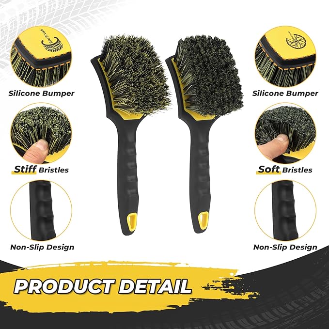 Wheel and Tire Brush Detailing Kit, Soft Rim Brush & Stiff Tire Brush with Silicone Bumper Guard, Non-Slip Ergonomic Handle Car Wash Set for Alloy Wheels, Fenders, Mats