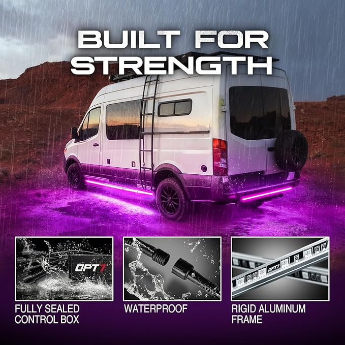 OPT7 Aura Aluminum Underglow for RV Exterior Lights w/Remote Control, 12V LED Waterproof Light Bars, Camper Van Neon Underbody Lighting Kit, RGB Multicolor Motorhome Travel Trailer, Outdoor Decor