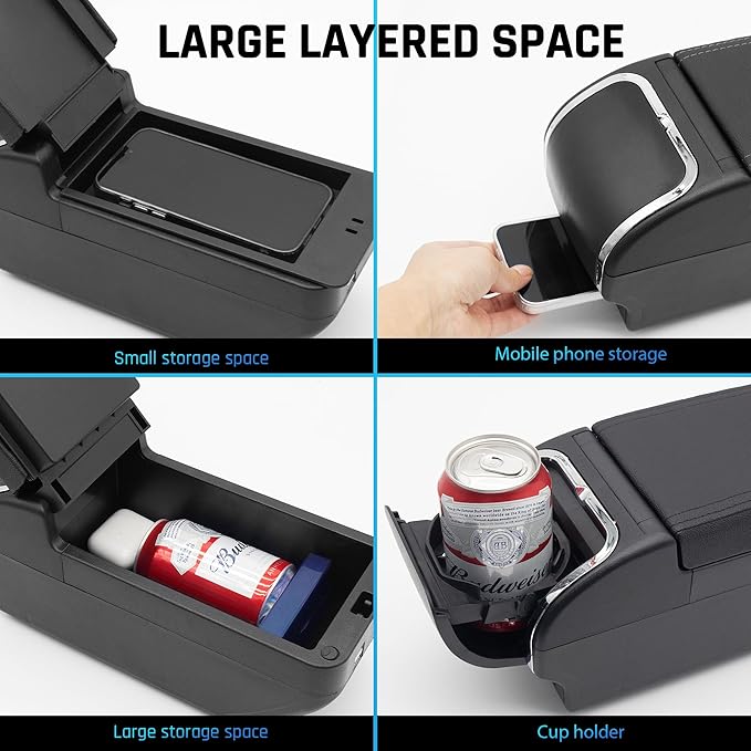 YJYWZH Armrest Box for Nissan Versa 2007-2011 Center Storage Box Hand Interior Centre Consoles with Cup Holder Arm Rest Double-Layer Accessories Black (Black with Black Thread)