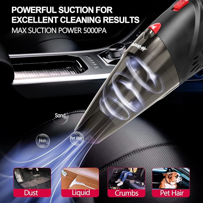 Car Vacuum Cleaner, 12V/106W High Power Handheld Portable Car Vacuum with 16 Ft Cord, Attachments, Filters and Storage Bag, Suitable for Car (Red Button)