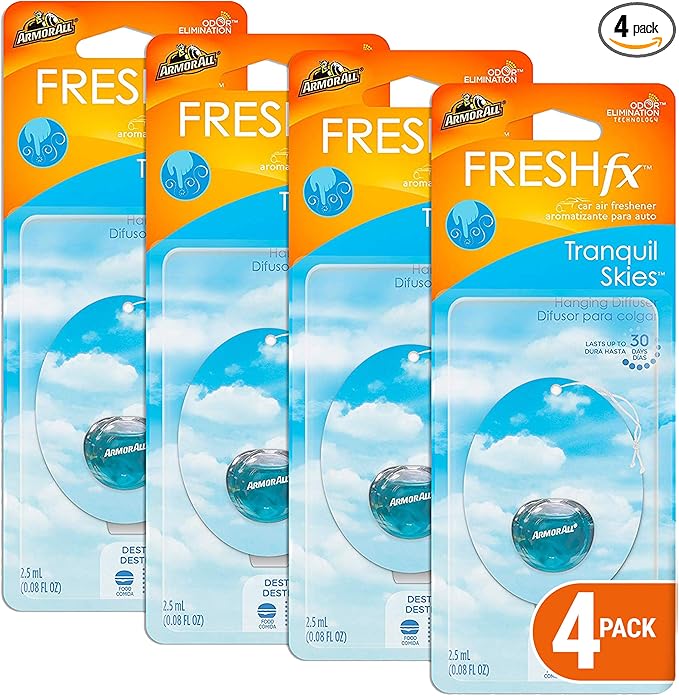 Armor All Car Air Freshener and Purifier - Odor Eliminator for Cars & Truck, Freshfx Tranquil Skies, 0.08 Fl Oz Diffuser, Pack of 4, 18593-4PK