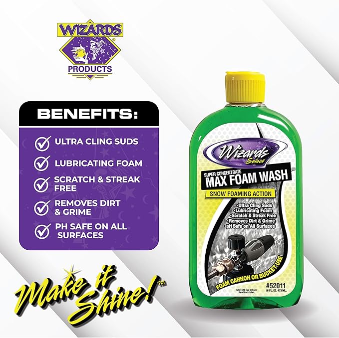 Wizards Select - Super Concentrate Max Snow Foam Car Wash Soap - Ultra Cling Suds Car Wash Shampoo With Thick Foam - Soap For Car Washing and Detailing - 16 oz