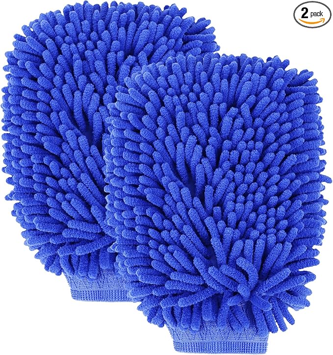 wuyaoyao 2PCS Car Wash Mitt, 10.14"×7.12" Chenille Microfiber Car Wash Mitts, Scratch-Free & Lint-Free, Absorbent Double Sided Clean Glove for Cars Cleaning, Auto Cleaning Supplies (Dark Blue)