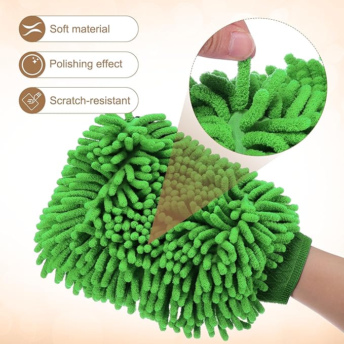 HARFINGTON 2pcs Chenille Microfiber Car Wash Mitts 9.8" x 7.9" Scratch Free Wash Gloves Absorbent Double Sided Plush Cleaning Drying Mitts for Car Washing Home Clean, Green