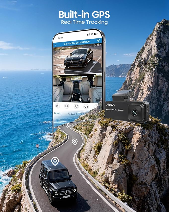 XEGA 2K 4G LTE Dual Dash Cam Front Inside, OBD Powered 24/7 Sentry Mode, APP Remote Live-View, GPS Tracking, No WiFi Car Security Camera Anti-Theft, Real-Time Alerts, Built-in SIM Card(7-Day Trial)