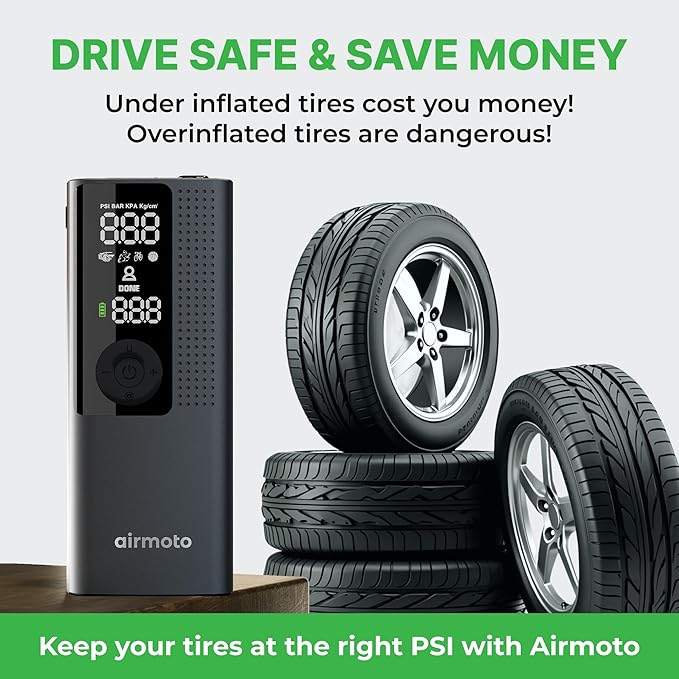 Airmoto Tire Inflator Portable Air Compressor - Air Pump For Car Tires with Digital Pressure Gauge, LED Light and Auto Shut-Off Function - Cordless Pump for Car, Motorcycle, Bicycle, Ball