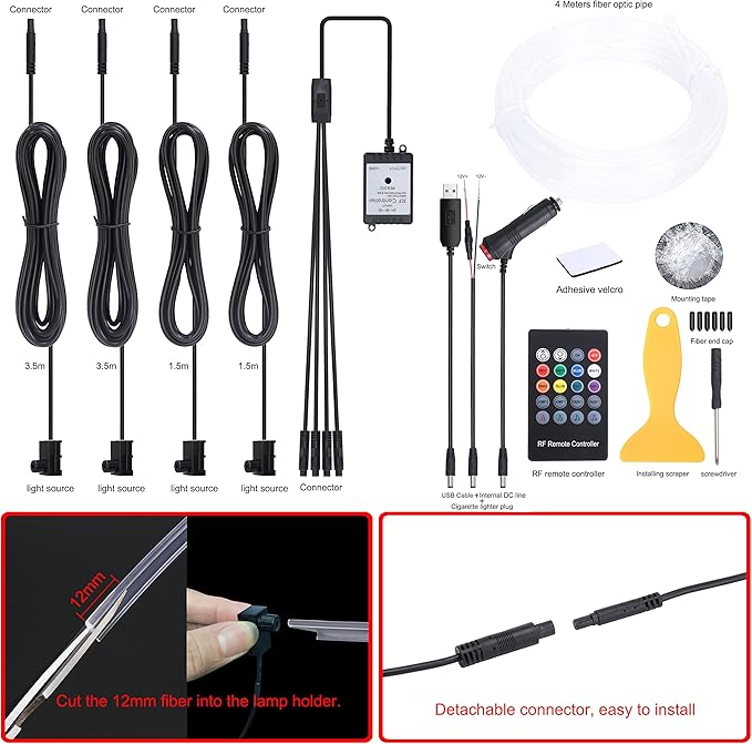 4 m Optic Fiber Car Ambient Lighting Kit RF Remote Control 8 Colors Multicoloured Music Interior Lighting Kit 12V 1W