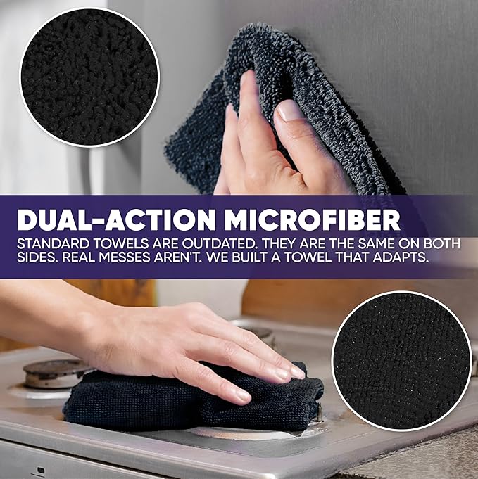 Microfiber Wholesale Pronto Cloths, Dual-Sided Microfiber Cleaning Towels, Soft Plush & Scrub Cloths for Dusting, Scrubbing, Kitchen, Windows & Car Detailing, Absorbent Bulk 25-Pack Black