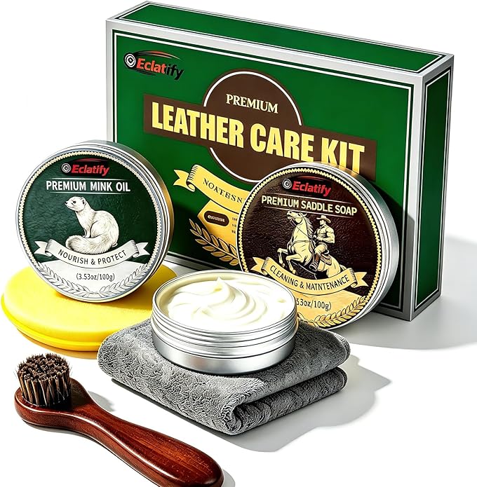 5-in-1 Leather Care Kit with Saddle Soap & Mink Oil, Leather Cleaner and Conditioner for Cowboy Boots, Jackets, Handbags, Car Interiors, Ideal Gift for Leather Lovers