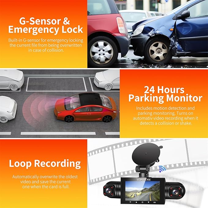 4 Channel Dash Cam 360° View, TOPGOOSE 2K Front and Rear Inside, Left Right Dash Camera for Cars, 5G WiFi & APP Control, with 64GB SD Card, G-Sensor, Night Vision, 24H Parking Mode