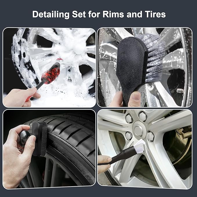 UNIMEIX Tire Shine Applicator Brush Kit Large Vegan Tire Shine Brush with Storage Stand for Vehicles Tire Shine Polish Wax and Car Interior Cleaning