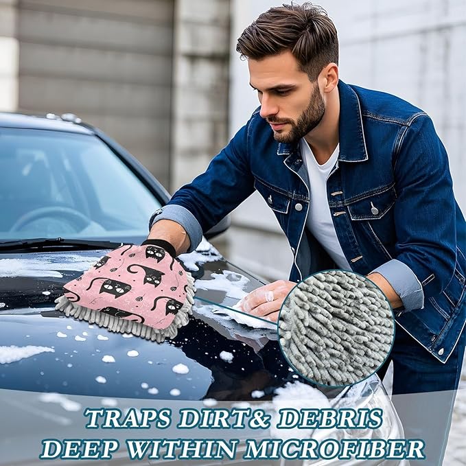 Blueangle 2 Pack Black Cats Car Wash Mitt - Chenille Microfiber Scrub Mitts for Scratch-Free Car Washing & Home Cleaning, Auto Detailing Mitt（506）