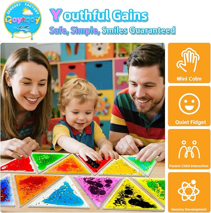 Squishy Liquid Sensory Gel Tiles 12 Packs - Triangle Liquid Sensory Toys for Sensory Play & Portable Fun, Washable Sensory Floor Tiles for Toddles 3+ Learning, Calming, Fidgeting