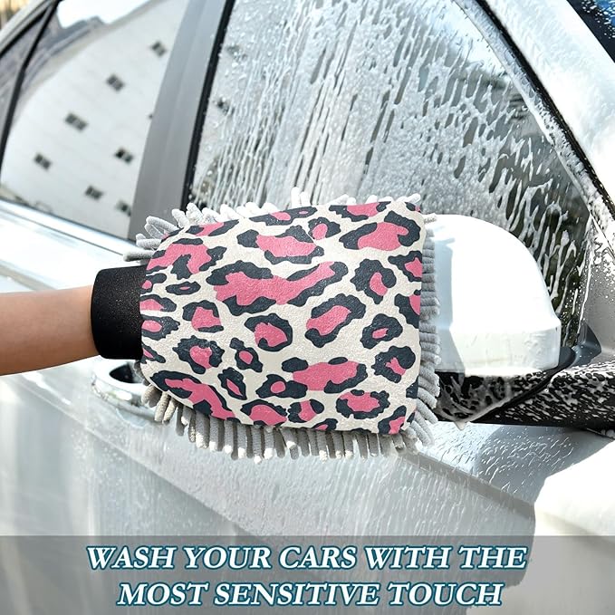 ALAZA Pink Leopard Print Cheetah Car Wash Mitt Scratch Free, 2 Pack Absorbent Microfiber/Chenille Washing & Drying Mitts, M
