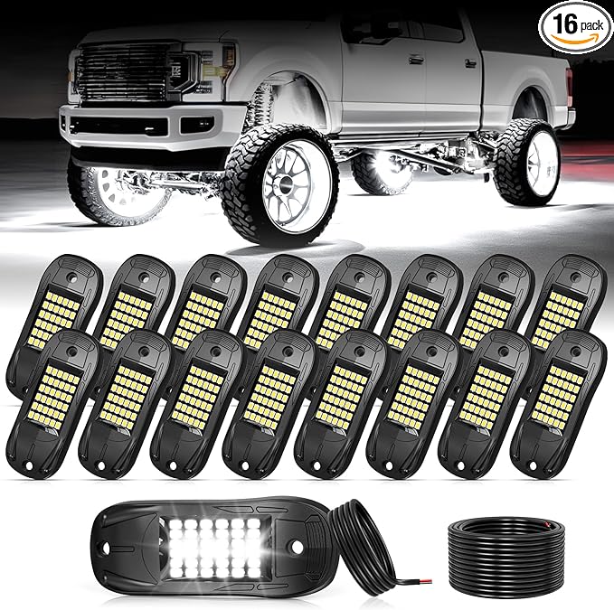 16 Pods 6500k White Rock Lights, IP68 Waterproof 36 LEDs SMD Chips Underglow Kit for Truck Pickup SUV UTV ATV RZR Car Boats