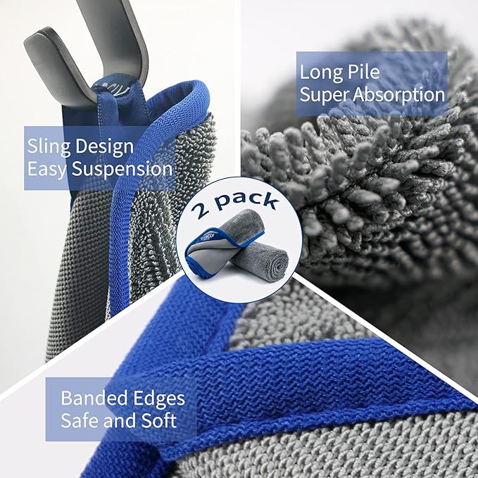 SHSCLY Professional Car Drying Towel – 2-Pack XL Microfiber Towels for Cars, Trucks & SUVs, No Drag, Paint-Safe, Controlled Streak-Free Drying, Lightweight Feel When Wet, Soft & Absorbent, 29" × 33"