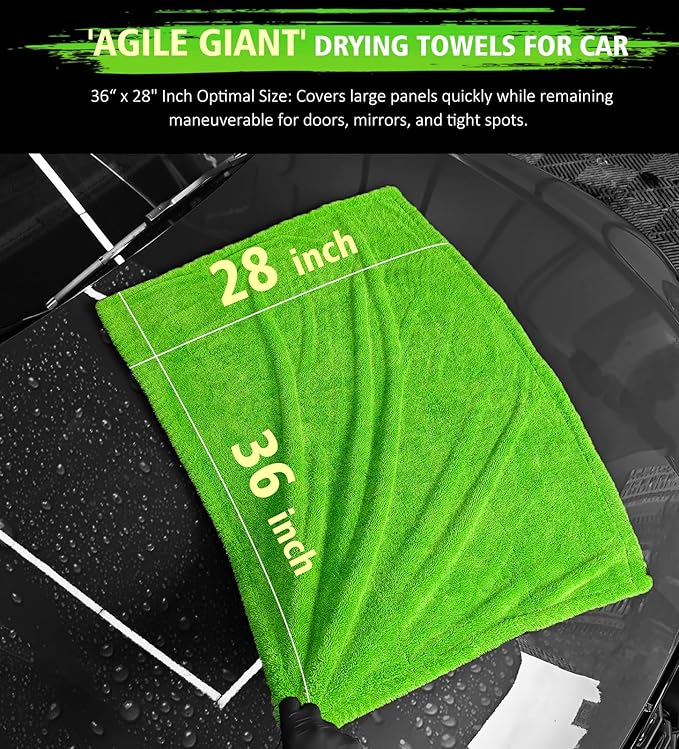 YeewayVeh Complete Drying Towel Set, 3-Pack Microfiber Towels (28"x36" & 16"x16" Drying & Waffle Weave), 1400 GSM Ultra Absorbent, Streak-Free Car Detailing Towels for Bulk Water, Final Polish & Glass