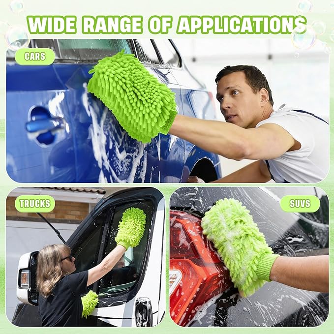 24 Pack Car Wash Mitt Bulk Microfiber, 10'' x 8'' Chenille Car Wash Mitt Gloves, Scratch Free Double Sided No Lint No Marks for Truck SUV and All Vehicle Surfaces (Lime Green)