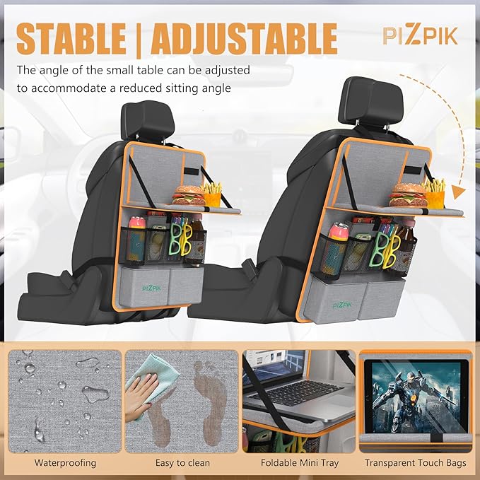 Plzpik Car Backseat Organizer with Tablet Holder,11 Storage Pockets with Foldable Food Tray, Protector Kick Mats for Kids, Travel Accessories Organizer (Orange, 1Pack with Food Tray)