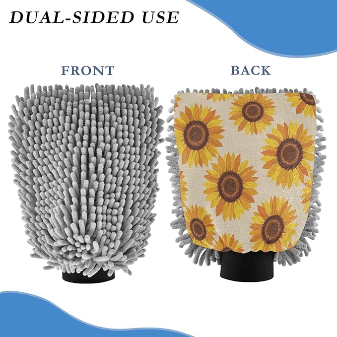Qilmy Sunflower Seamless Fabric Microfiber Chenille Car Wash Sponge Scratch Free Car Wash Mitt Absorbent Mitt Sponge for Trucks SUVs Car Washing Home Cleaning, Medium