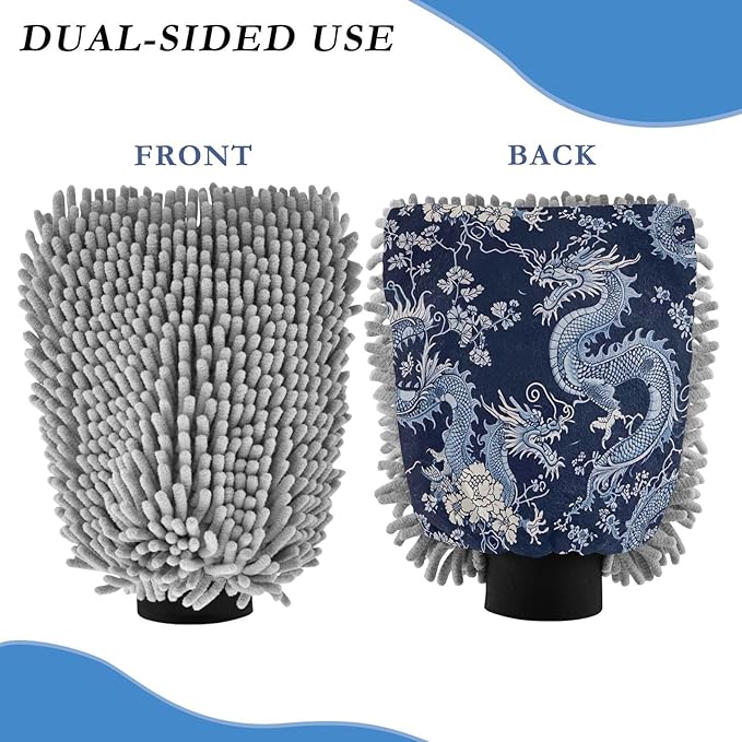YETTASBIN Chinese Dragon 2PCS Car Wash Mitts, Ultra Absorbent Chenille Microfiber Car Washing Gloves, Scratch-Free Lint-Free Auto Cleaning Mitt, Machine Washable Elastic Cuff Car Wash Sponge