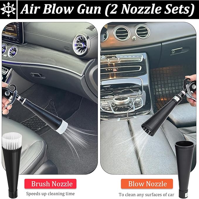 Car Cleaning Gun, Interior Detailing Dryer Air Blow Gun with 2 Nozzles, High Pressure Blower for Fast Dirt & Dust Removal, Works with Air Compressor