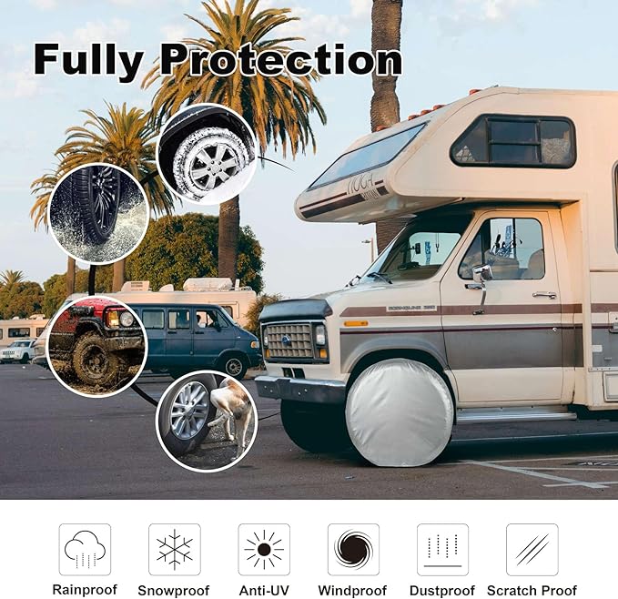 Explore Land Weatherproof Tire Covers 4 Pack Alumium Wheel Protector for Truck, SUV, Trailer, Camper, RV,S (Fits Diameter 23"-25.75") Silver, Set of 4