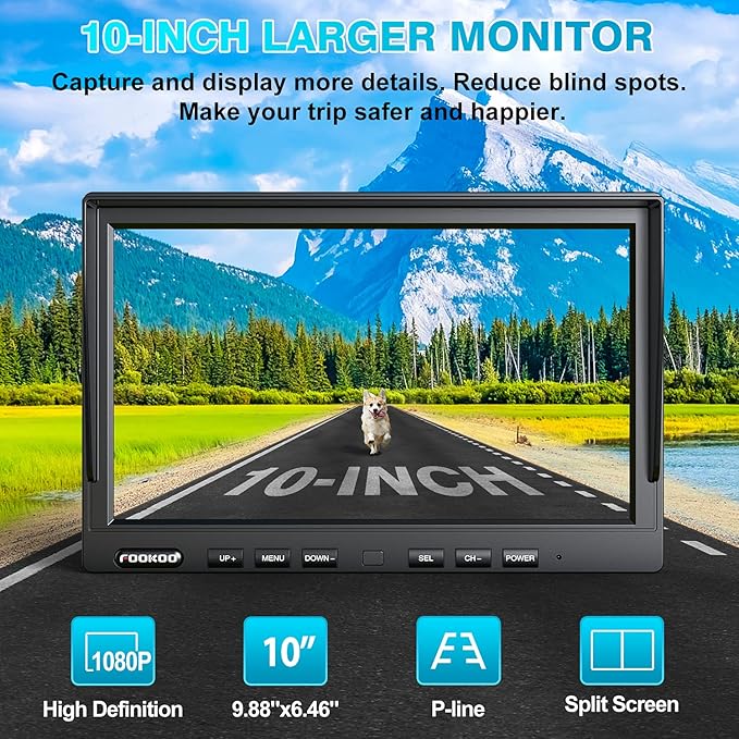 Fookoo HD 1080P 10" Wired Backup Camera System, 10" Triple Split Screen Monitor W/Recording, IP69 Waterproof Side & Rear View Cameras, 4 Channel, Parking Lines, RV/Truck/Trailer/5th Wheel (DY103)