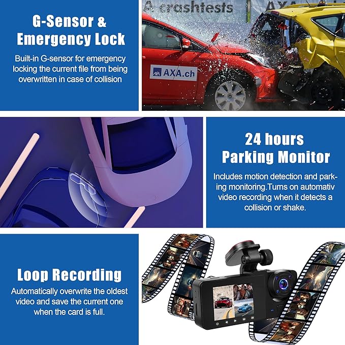 3 Channel Dash Cam Front and Rear Inside with 64GB Card, WIZACE1080P Dash Camera for Cars, Dashcam Three Way Triple Car Camera with IR Night Vision, Loop Recording, G-Sensor, HDR, 24 Hours Recording