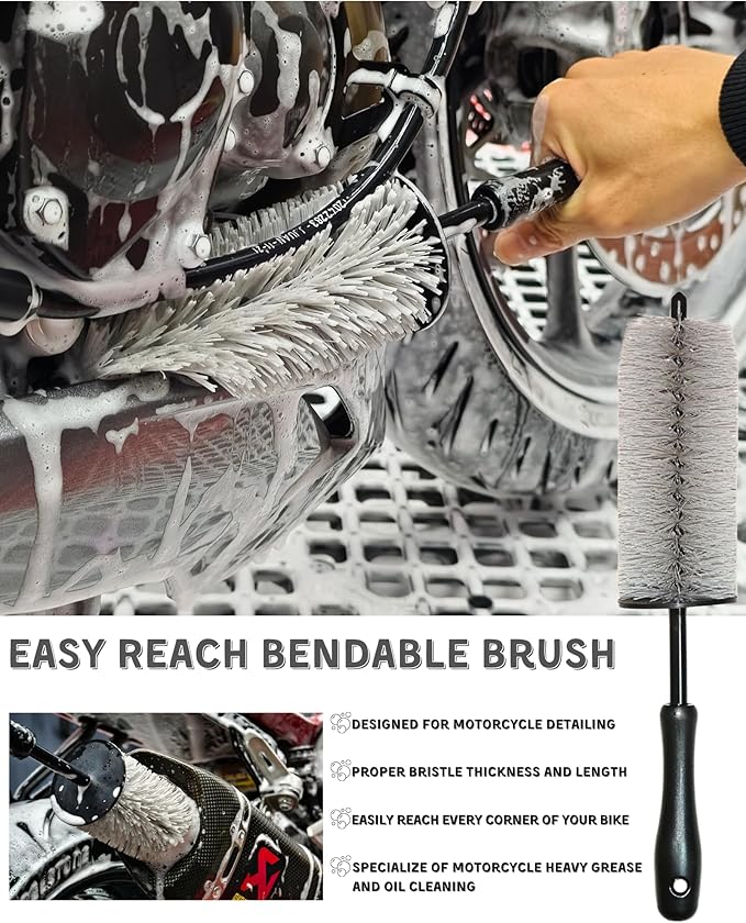 oesee 8 Pack Motorcycle Cleaning Kit - Professional Safe for Chrome/Engine/Tires, Hard Reach Brush, Microfiber Mitt, Detailing Tools, Drying Towel & Wax Applicators