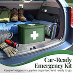 Flexzion First Aid Box Organizer Empty 13" Green Vintage First Aid Kit Tin Metal Medical Box - First Aid Storage Box Container Bins with Dividers, Removable Tray and White Cross Logo