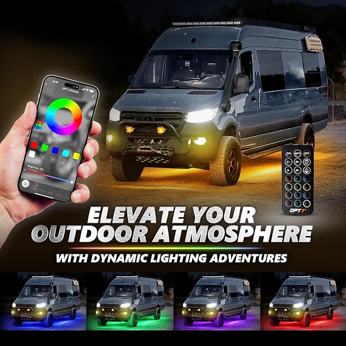 OPT7 Aura Pro RV Exterior Underglow Lights with APP & Remote Control, RGB Multicolor Music Sync, 12V Waterproof Rigid Aluminum LED Light Bar, Outdoor Neon Accent Underbody Kit for Camper Motorhome
