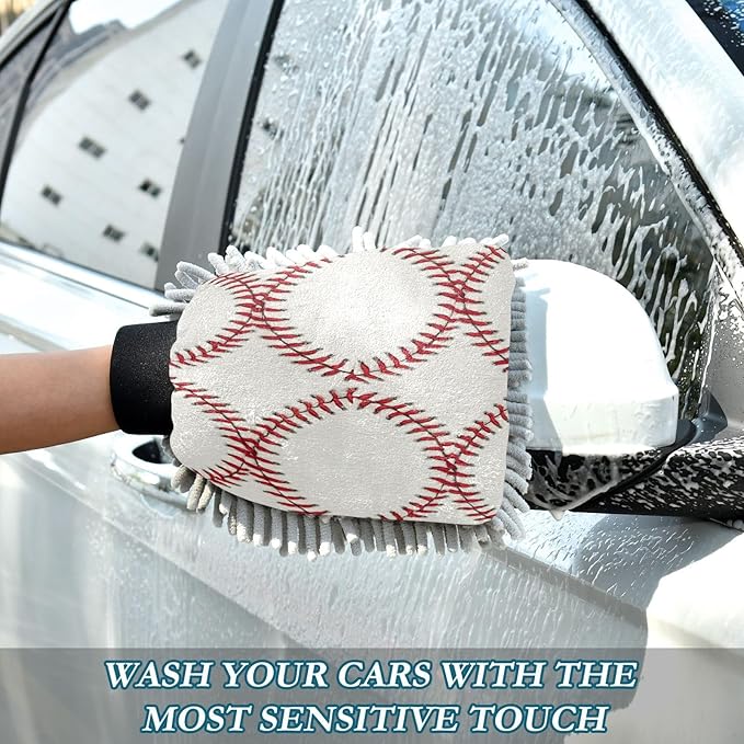 Qilmy Baseball Stitches Microfiber Chenille Car Wash Sponge Scratch Free Car Wash Mitt Absorbent Mitt Sponge for Trucks SUVs Car Washing Home Cleaning, Medium