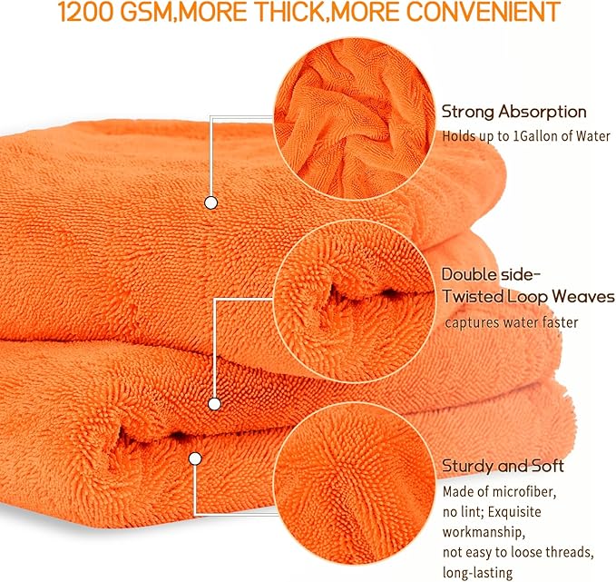 2 Pack Microfiber Car Drying Towels 1200 GSM , 36x24 Inch Extra Large Double Twisted Pile, Edgeless Car Wash Towels, Ultra Absorbent,No Streak, Scratch or Water Spot Towel for Cars&Trucks(Orange/Gray)