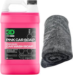 3D Pink Car Soap (1 Gallon) + Hydro-FIL XL Drying Towel (Grey) – pH Neutral High Suds Car Wash & Ultra Absorbent 20” x 31.5” Drying Cloth