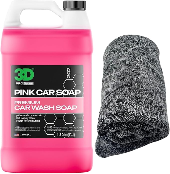 3D Pink Car Soap (1 Gallon) + Hydro-FIL XL Drying Towel (Grey) – pH Neutral High Suds Car Wash & Ultra Absorbent 20” x 31.5” Drying Cloth