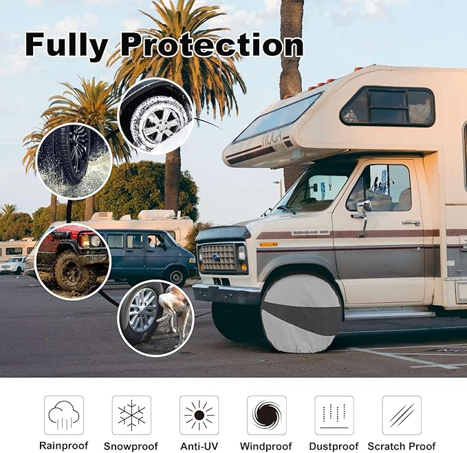 Explore Land Tire Covers 4 Pack - Tough Wheel Protector for Truck, SUV, Trailer, Camper, RV Universal Fits Tire Diameters 32-34.75 inches Black & Gray