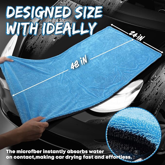 Metyond 48”x24” Car Drying Towel for Full-Sized SUV, Dual Sided Microfiber Car Cleaning Towel with Twisting Yarn Technique, 1400GSM Super Absorbent Scratch-Free, Machine Washable (Dark Gray - Blue)