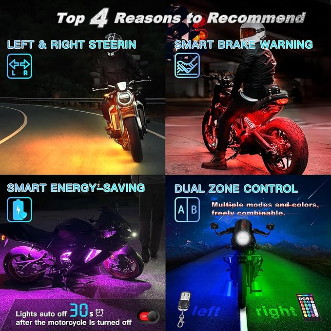 12PCS Motorcycle RGB LED Light Kit with Handlebar Switch Brake Turn Signal, Multicolor Underglow Lights with APP/RF Remote, Neon Strips 12V Waterproof for Sport Bike,Cruiser,Street&Off-Road Motorcycle