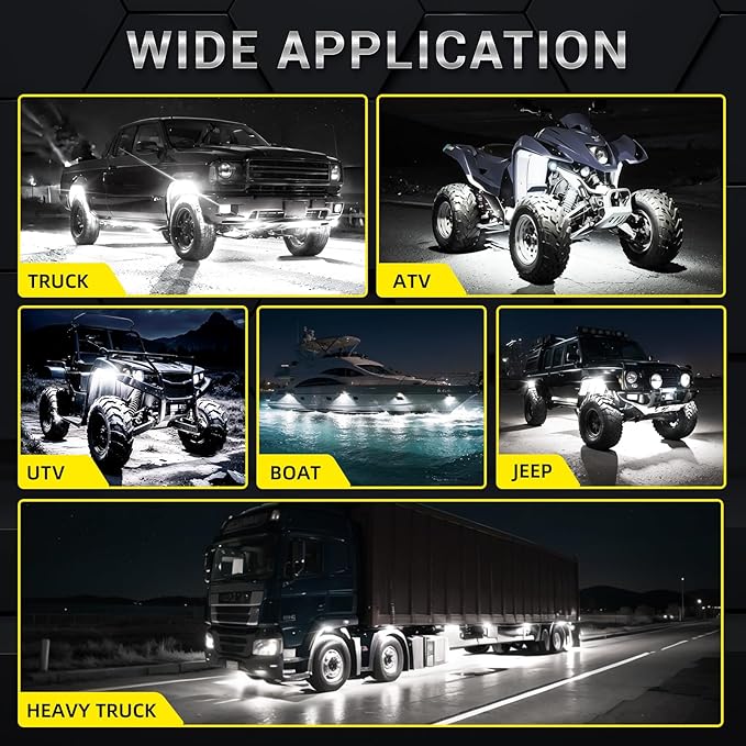 20 Pods Full Angle Pure White LED Rock Lights with Extension Wires, 28 LEDs 6500K Super Bright White Neon Underglow Kit IP68 Waterproof for Semi Trucks Trailer Offroad Pickup Boats RV Vans SUV UTV