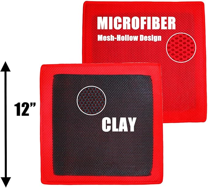 Clay Towel 3.0 for Cars, Clay Bar Towel Scratch-Free Autocare Detailing Polishing, Removing Tar Paint Tree-sap Guano Contaminants, Fine Grade, 12" x 12", Red, Mesh Hollow Ver.