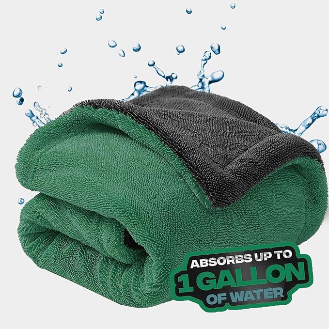 Extra Large Car Drying Towel, 36 Inches, 1300gsm,Super Absorbent Polyamide, Double-Twisted Design (Green and Grey)