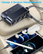 LIHAN 7-1 Cigarette Lighter Splitter,12V/24V Car Charger Adapter with 3 Socket Expander,PD30W Type-C,QC3.0 & Dual USB Ports,Independent Switches,Voltage Display,3.3FT Extension Cord fit Truck RV SUV