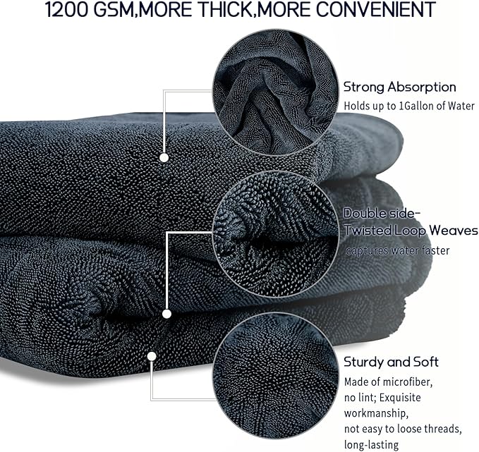 2 Pack Microfiber Car Drying Towels 1200 GSM , 36x24 Inch Extra Large Double Twisted Pile, Edgeless Car Wash Towels, Ultra Absorbent,No Streak, Scratch or Water Spot Towel for Cars&Trucks(Gray)