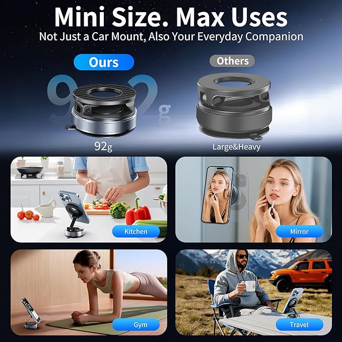 Car Phone Holder for Magsafe, Foldable Suction Cup Phone Mount 360° Adjustable Vacuum Magnetic Phone Holder, Cell Phone Holders for Your Car Compatible with iPhone 17 Pro Max 16 15 14 13 12