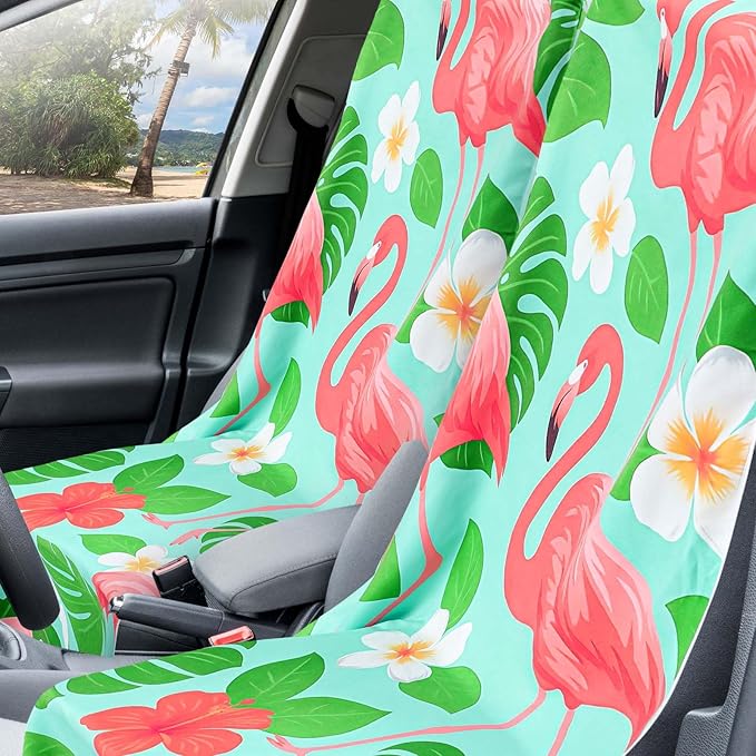 Hahafelt 2 Pack Car Seat Towel Covers with Storage Bag, 63 x 32 Inch Universal Non Slip Waterproof Sweat Protector for Car Truck, Gym Swimming Running, Machine Washable (Green Leaf Flamingo)